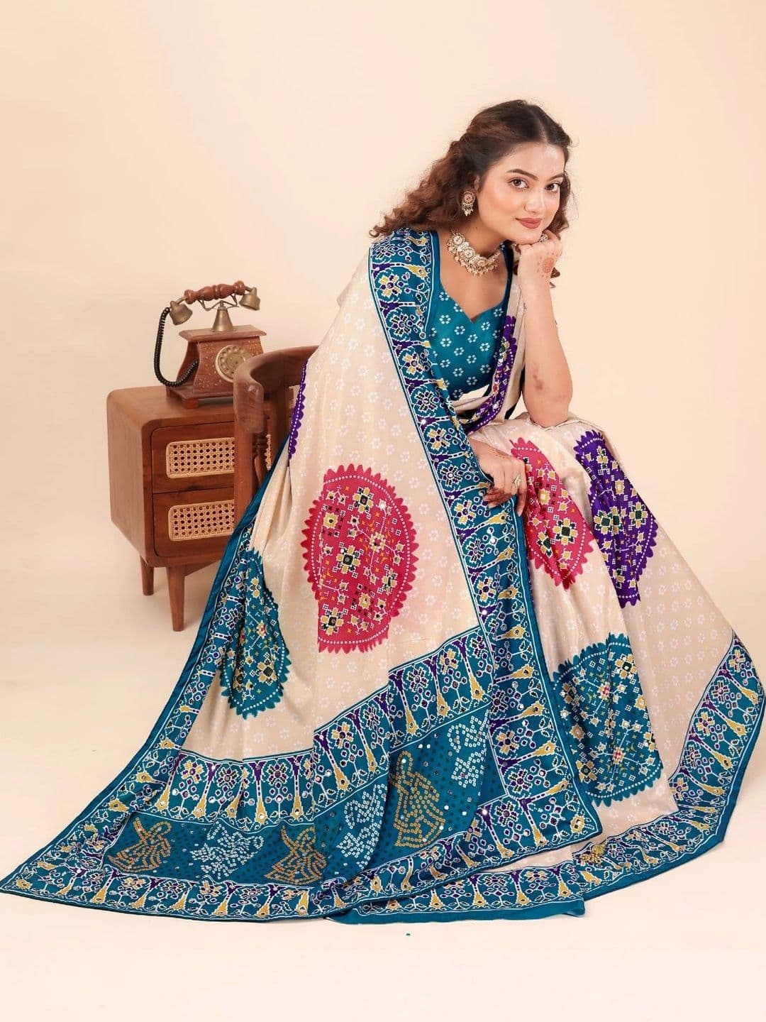 LAVYANSH CREATION Ajrak Block Mirror Work Silk Blend Patola Saree thumbnail 5
