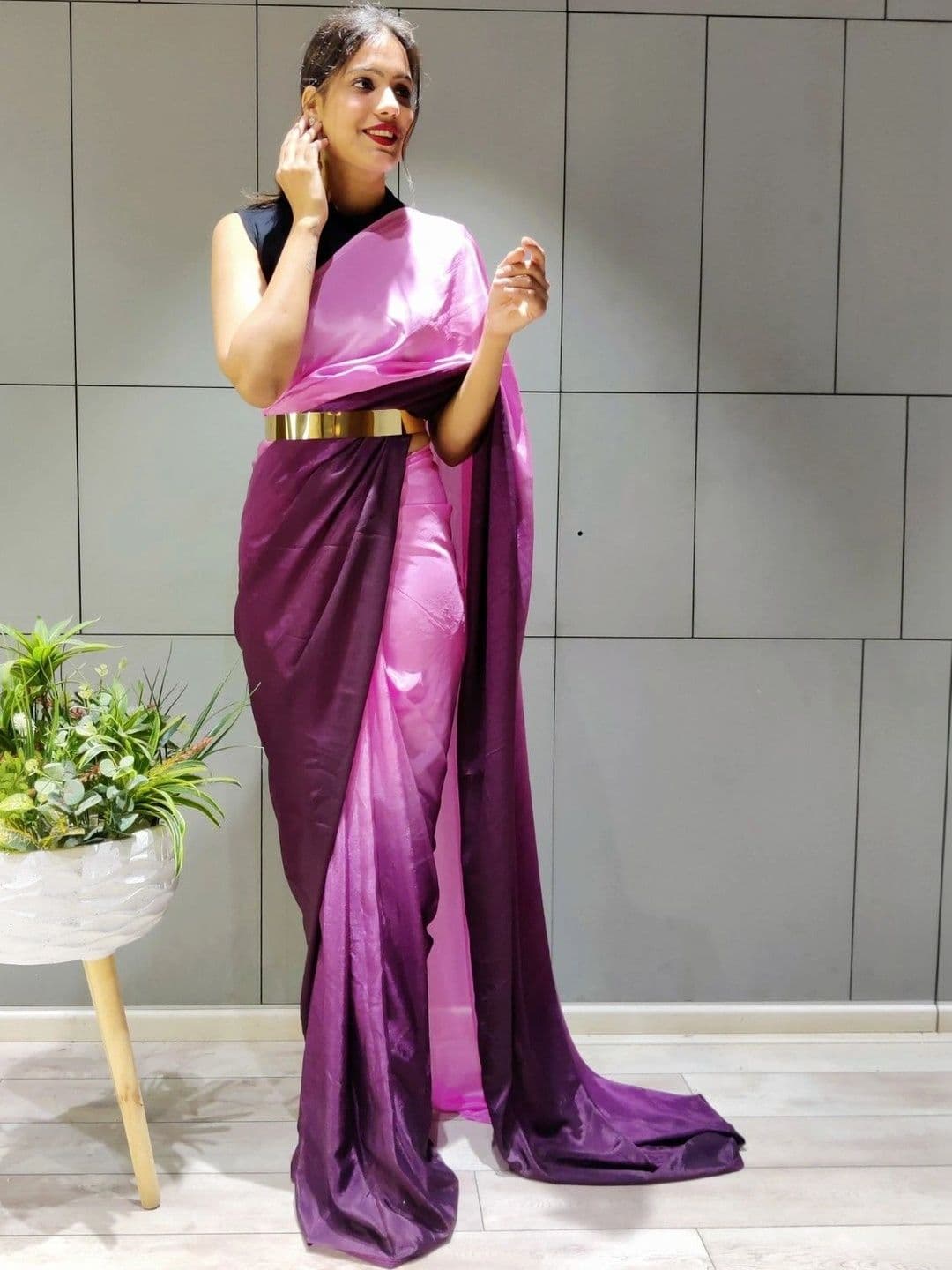 Sangria Ombre Poly Chiffon Belted Maheshwari Saree thumbnail 6