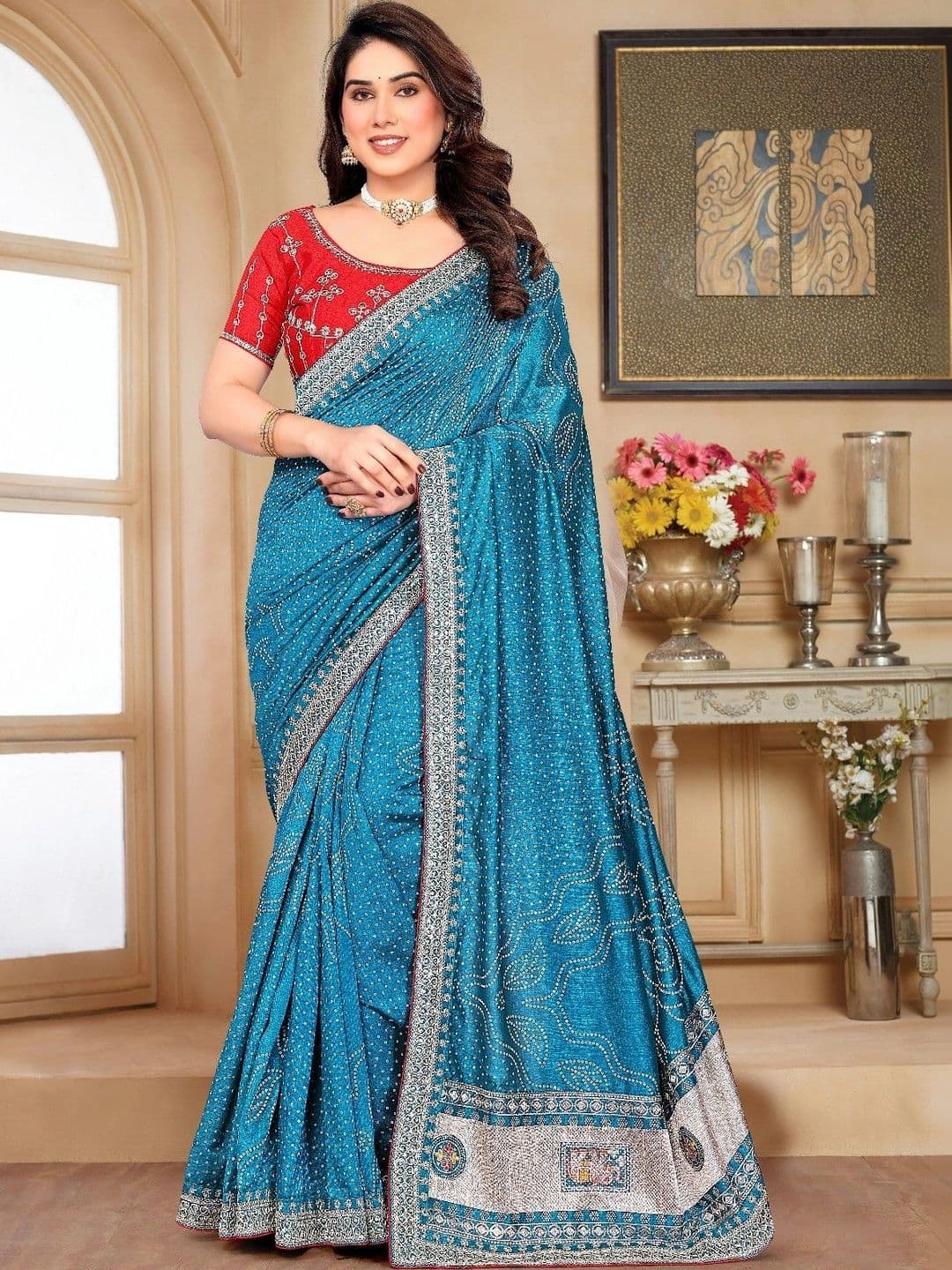 SmileyFashion Bandhani Embroidered Art Silk Designer Saree - view 1