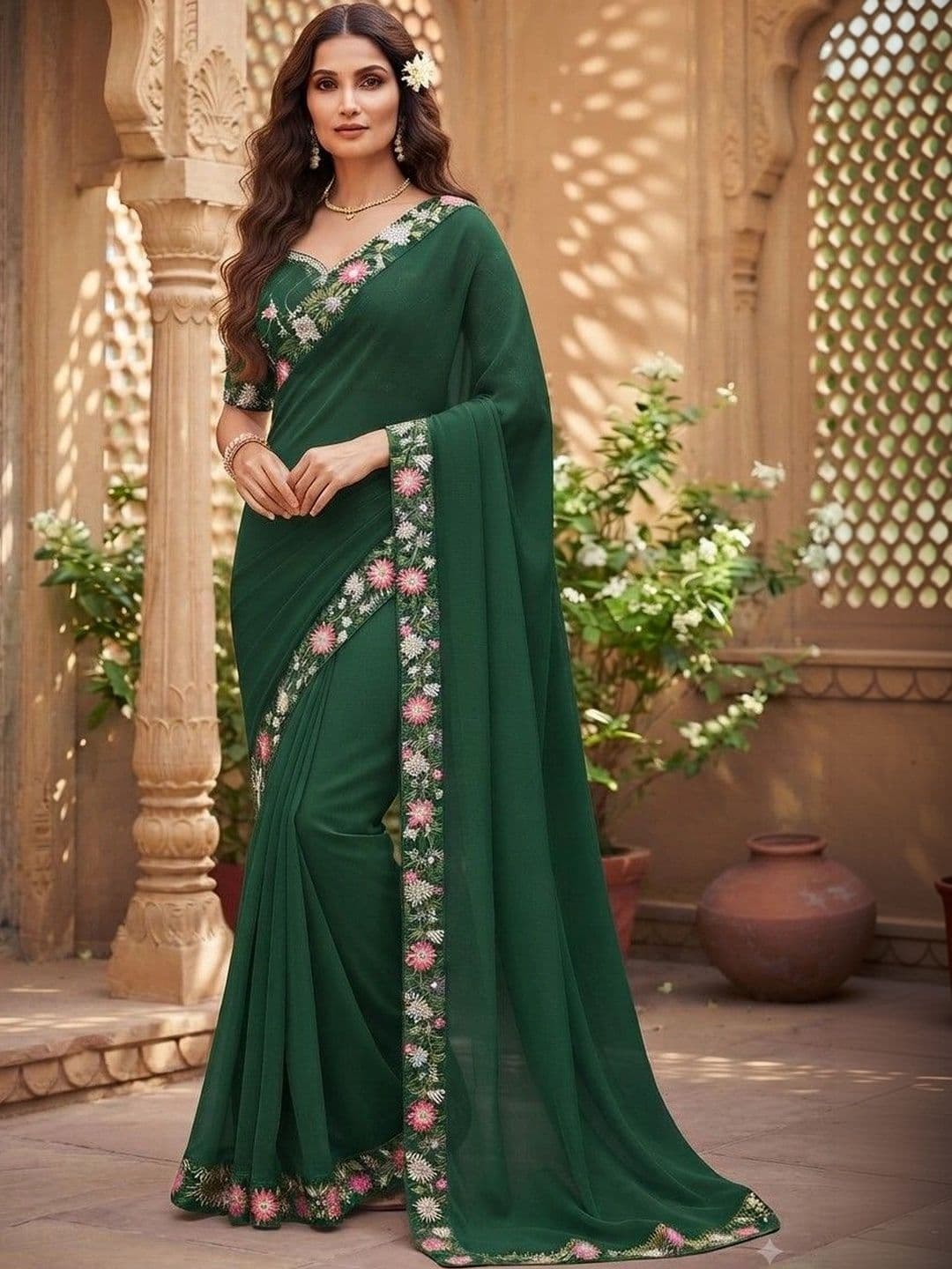 SmileyFashion Floral Embroidered Art Silk Saree - view 1