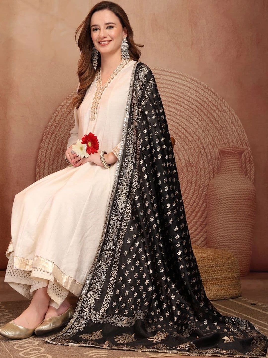 Clora Creation Ethnic Motifs Printed Foil Print Dupatta with Mirror Work thumbnail 2