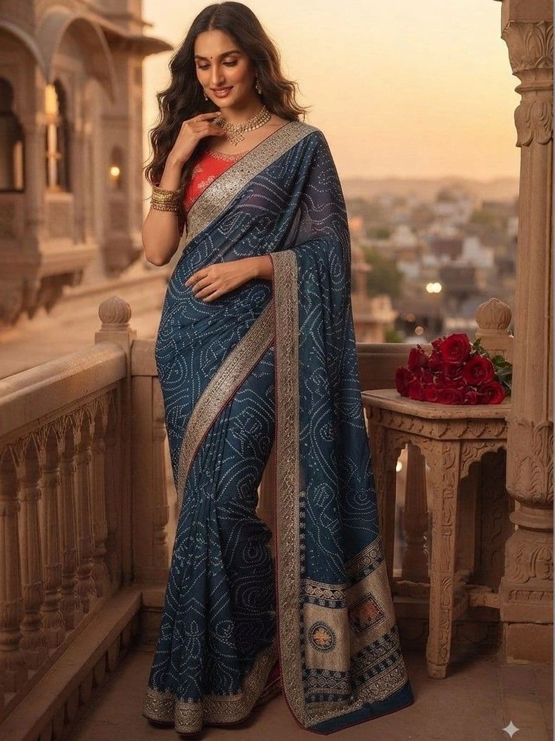 SmileyFashion Bandhani Embroidered Art Silk Designer Saree thumbnail 4