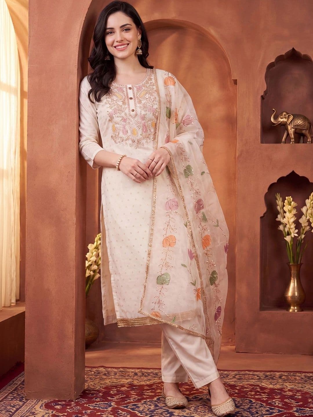 Indo Era Women Ethnic Motifs Embroidered Regular Sequinned Kurta with Trousers & With Dupatta thumbnail 6