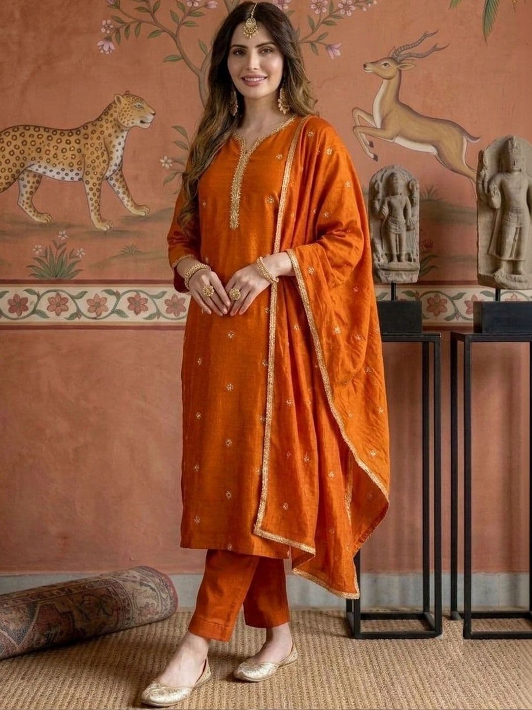 Sangria Women Ethnic Motifs Embroidered Regular Thread Work Pure Silk Kurta with Trousers & With Dupatta thumbnail 2