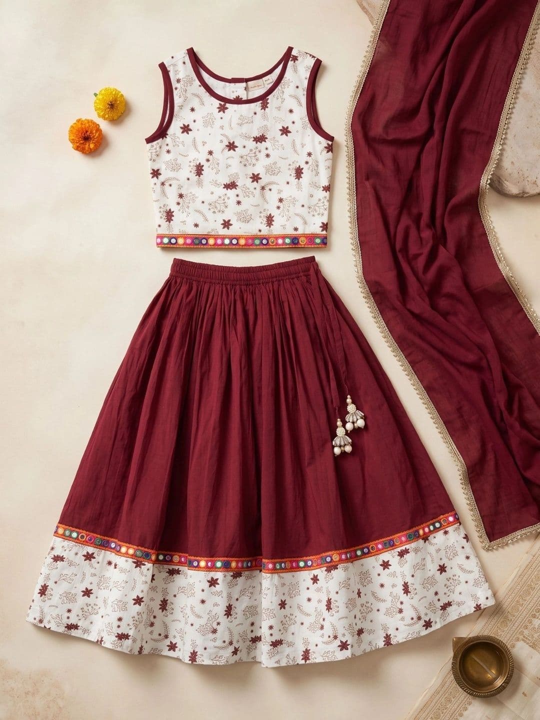 Desi Soota Girls Printed Mirror Work Ready to Wear Lehenga & Blouse With Dupatta thumbnail 4