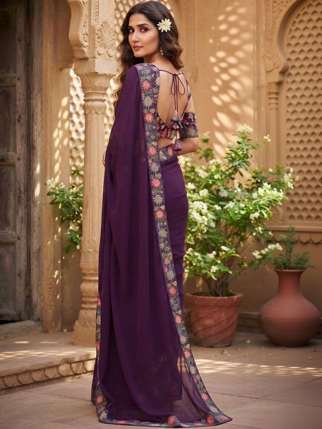 SmileyFashion Floral Embroidered Art Silk Saree thumbnail 4