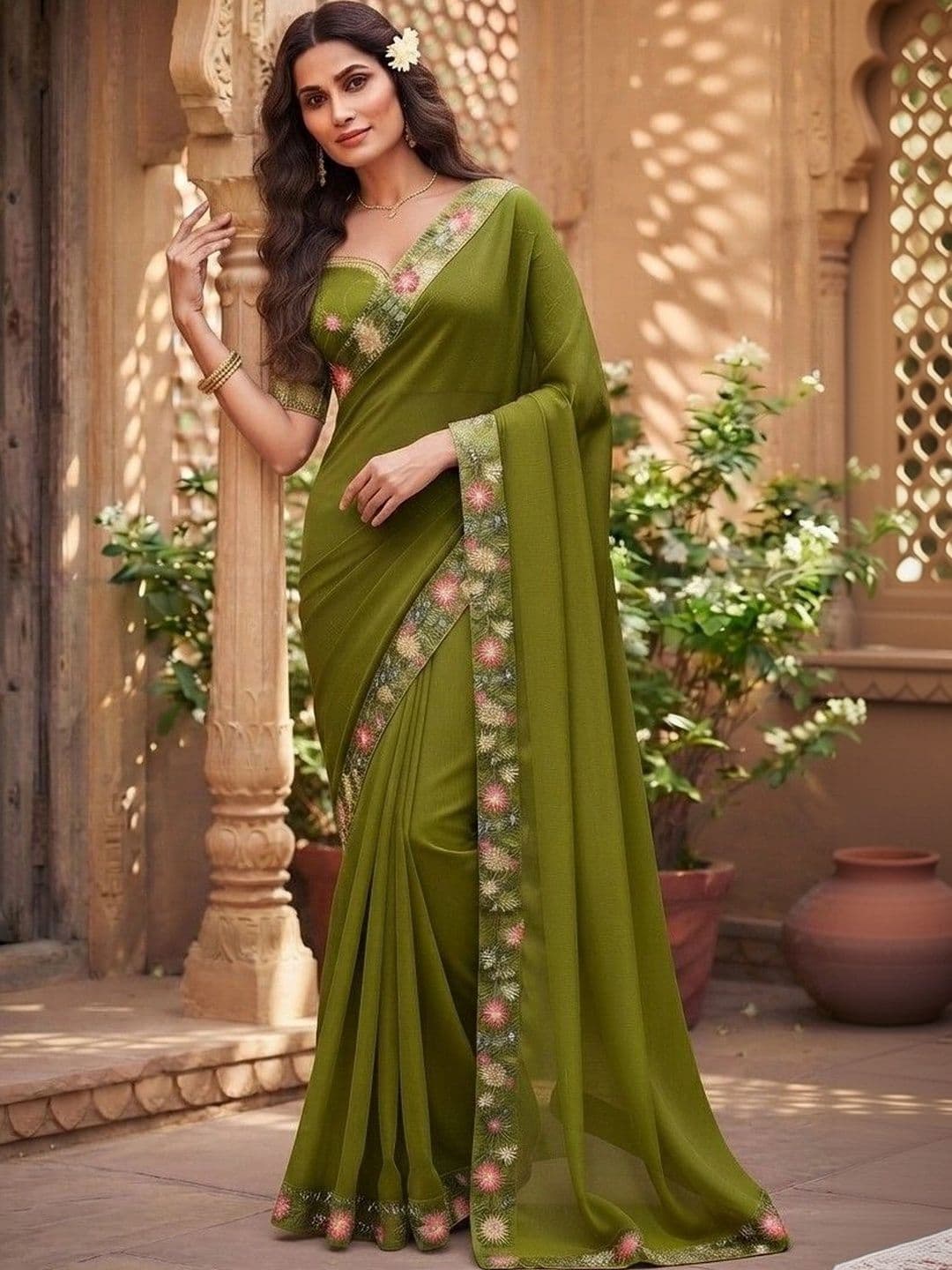 SmileyFashion Floral Embroidered Art Silk Saree thumbnail 2