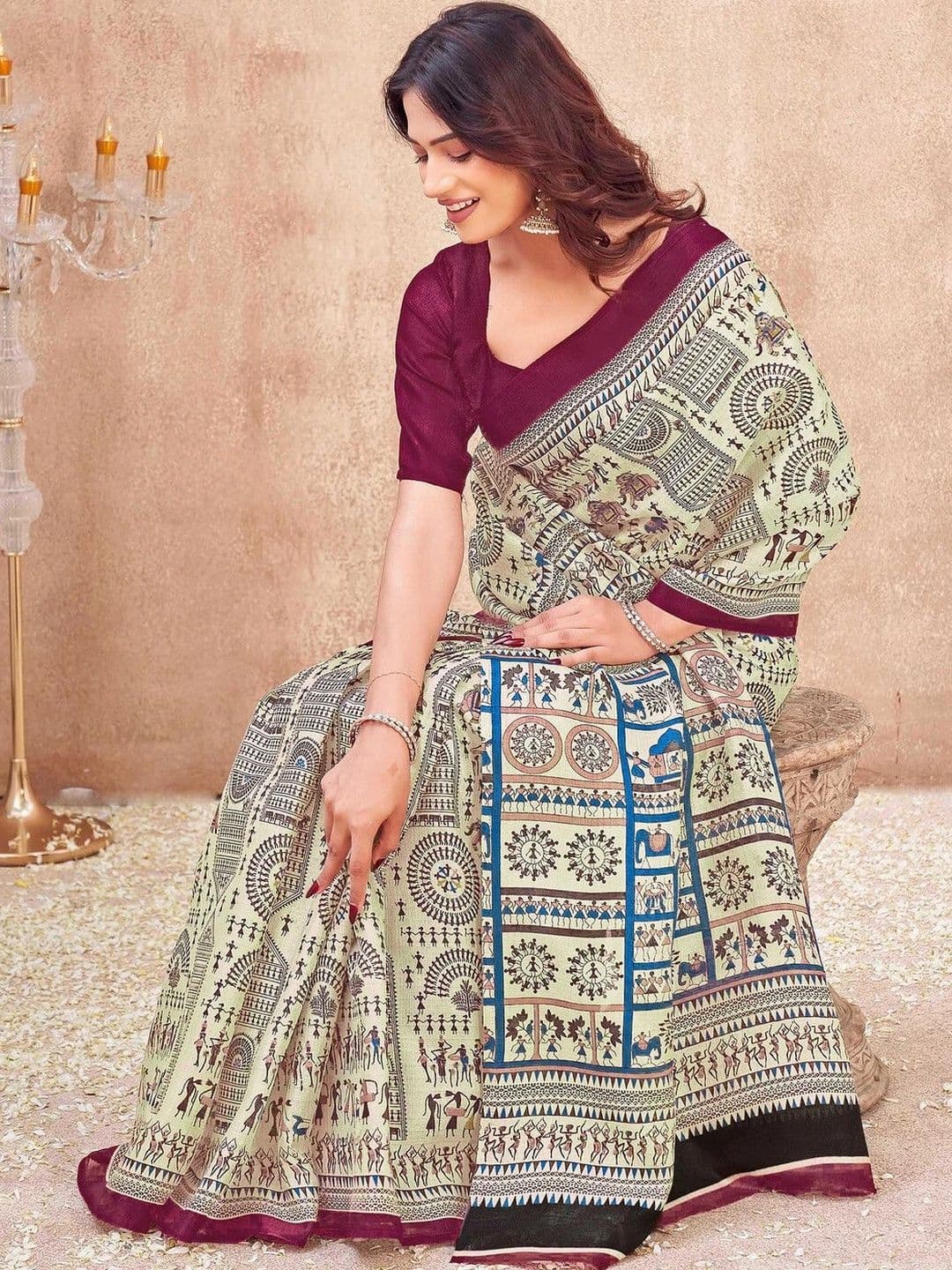 KALINI Women Printed Cotton Blend  Warli Fusion Saree thumbnail 6