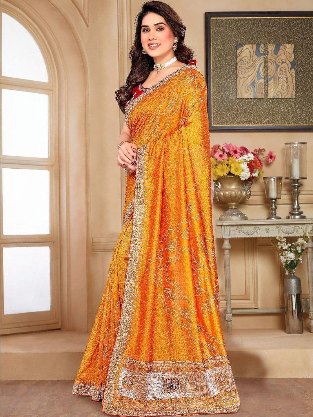 SmileyFashion Bandhani Embroidered Art Silk Designer Saree thumbnail 4