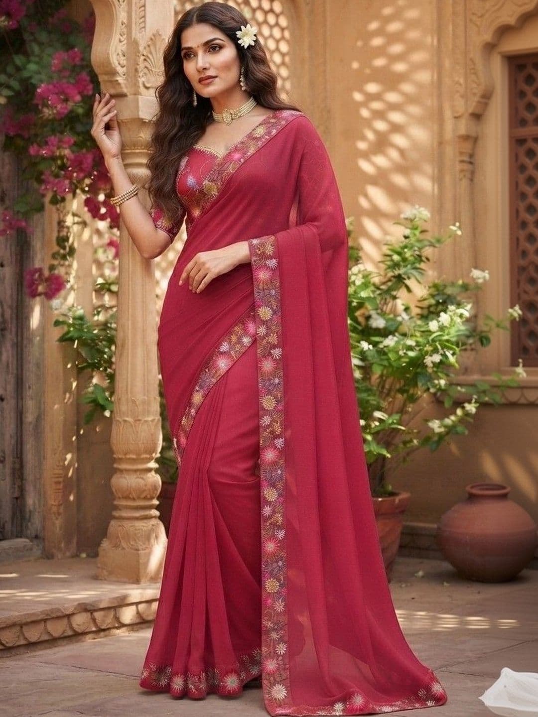 SmileyFashion Floral Embroidered Art Silk Saree thumbnail 3