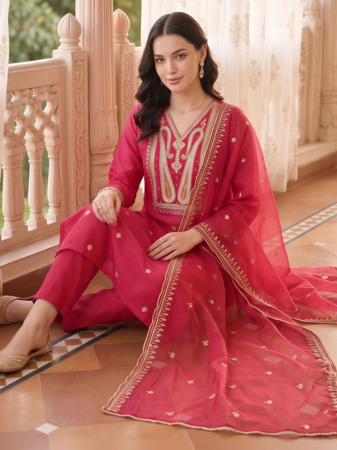 Indo Era Women Ethnic Motifs Embroidered Regular Liva Kurta with Trousers & With Dupatta thumbnail 6
