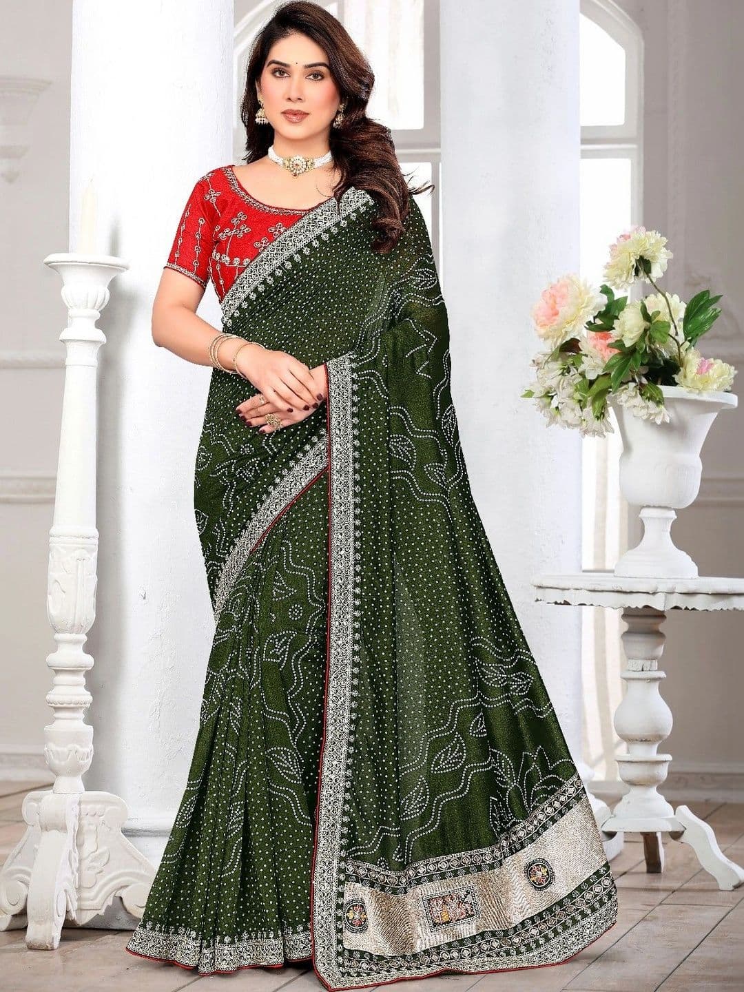 SmileyFashion Bandhani Embroidered Art Silk Designer Saree thumbnail 2