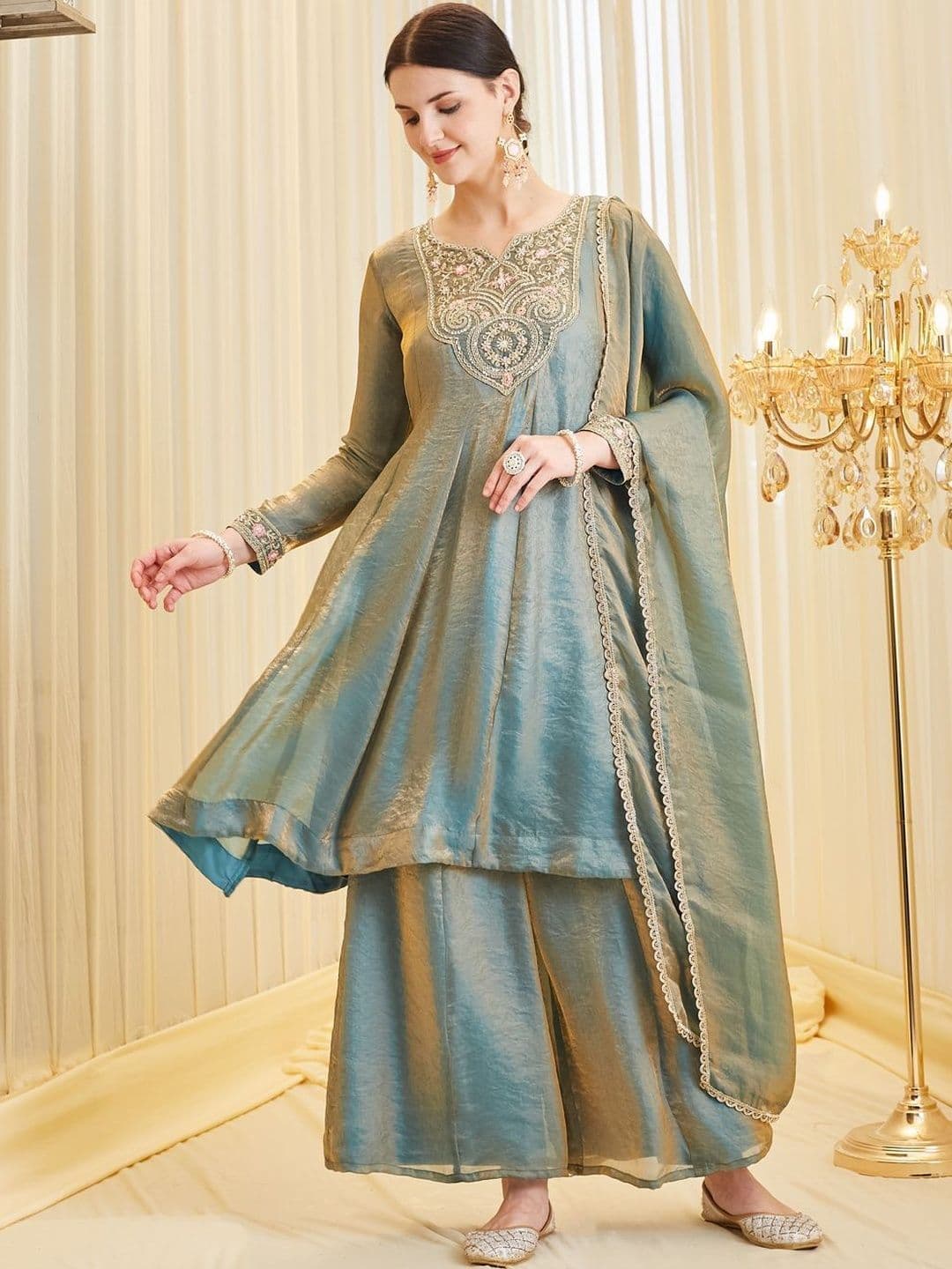 MOKOSH Women Silk Embroidered Anarkali Kurta and Sharara with Dupatta Set thumbnail 5