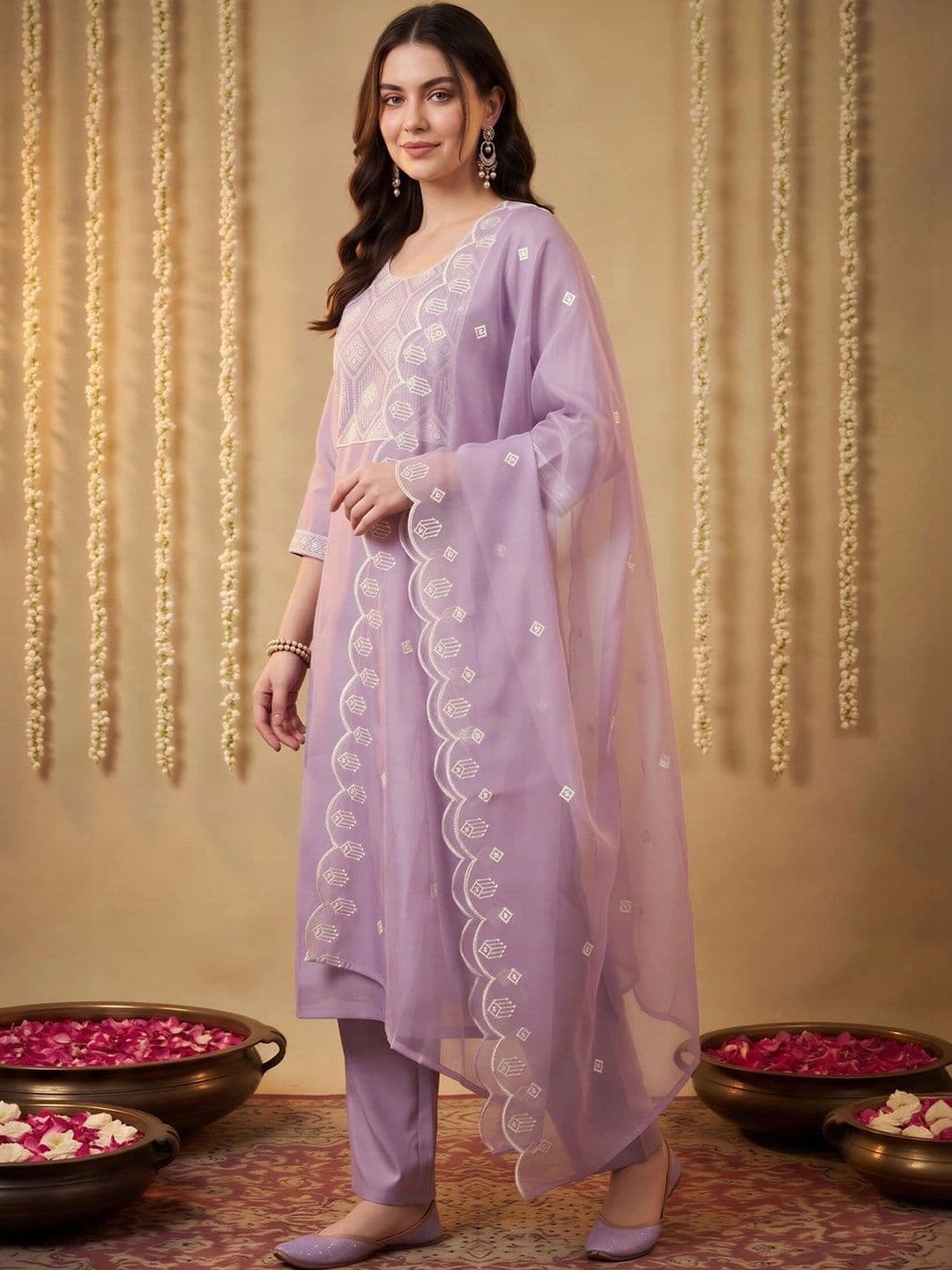 Indo Era Women Ethnic Motifs Embroidered Regular Thread Work Kurta with Trousers & With Dupatta thumbnail 4