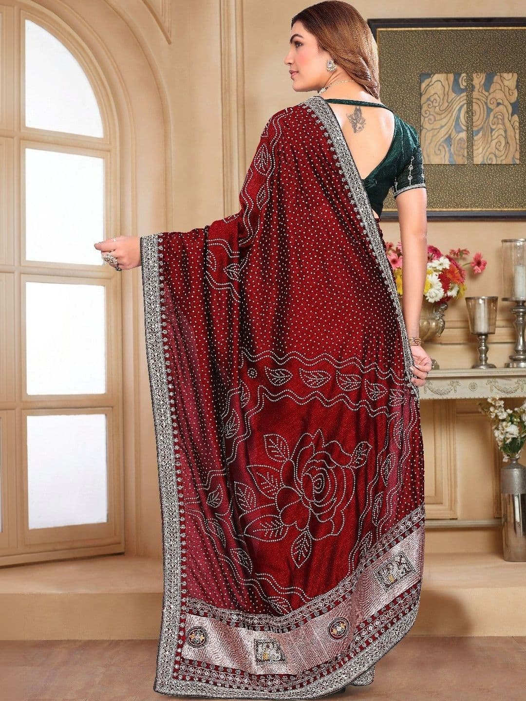 SmileyFashion Bandhani Embroidered Art Silk Designer Saree thumbnail 4