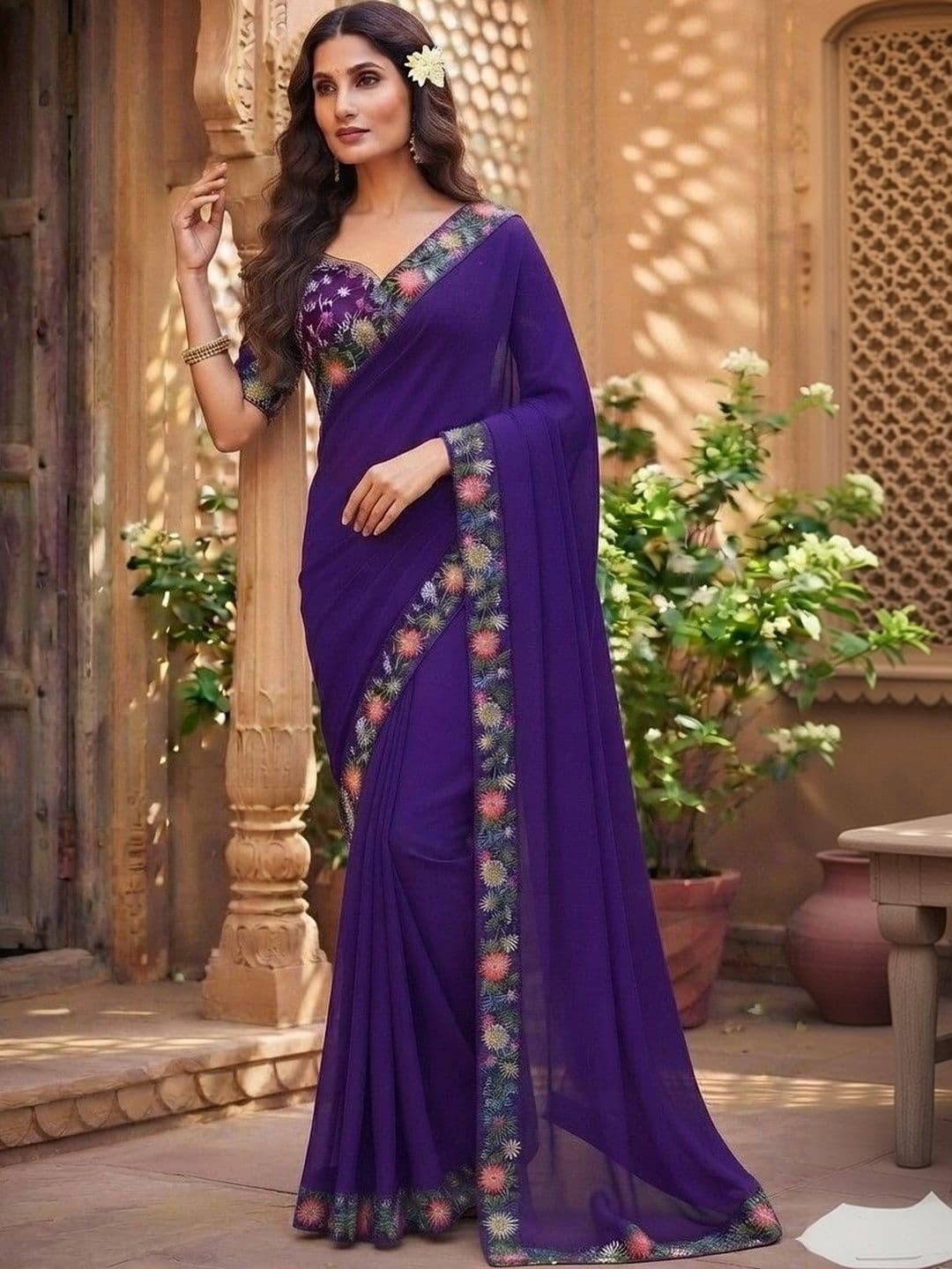 SmileyFashion Floral Embroidered Art Silk Saree - view 1