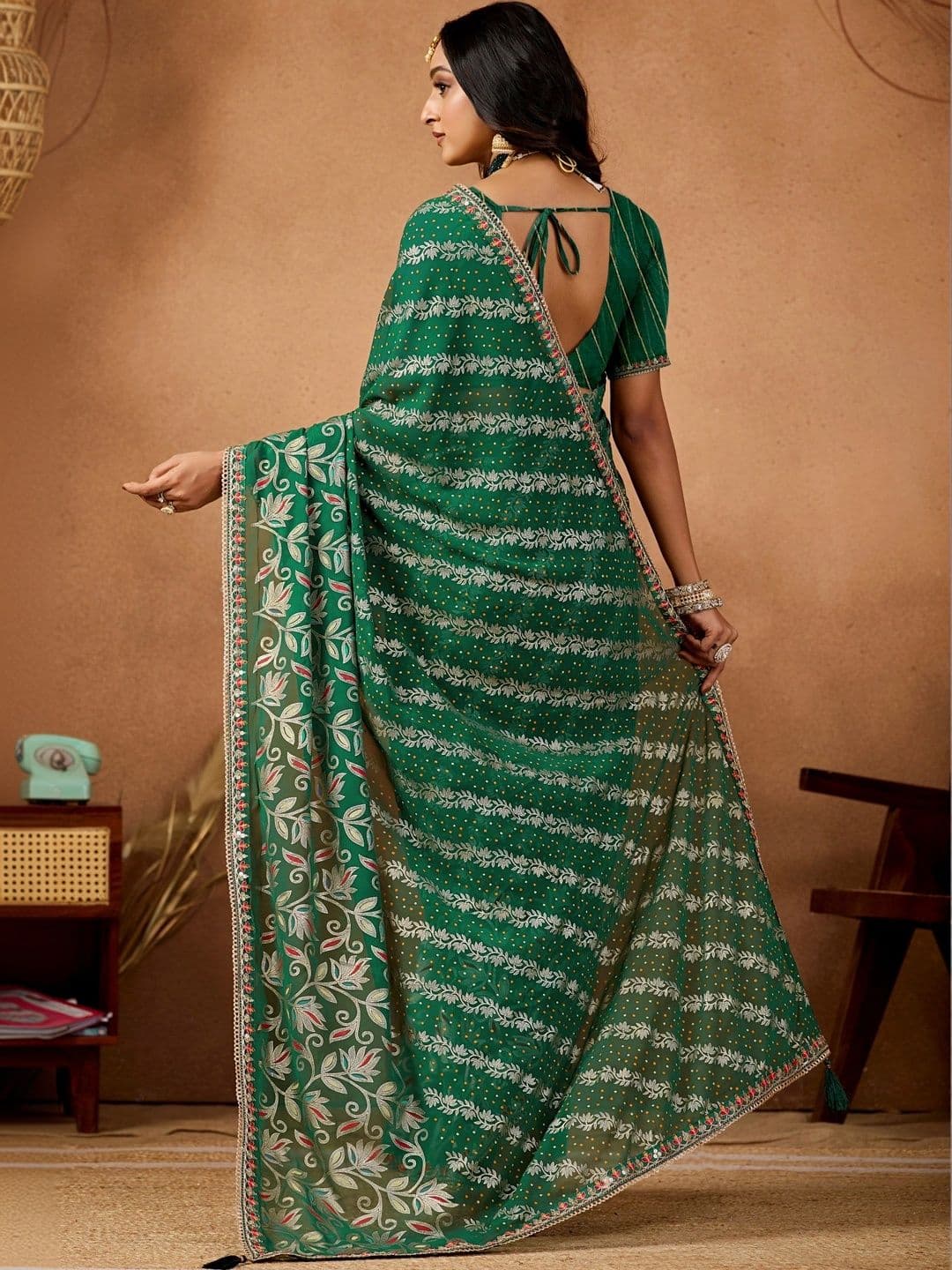 Mitera Floral Embroidered Poly Georgette Designer Bandhani Saree thumbnail 6