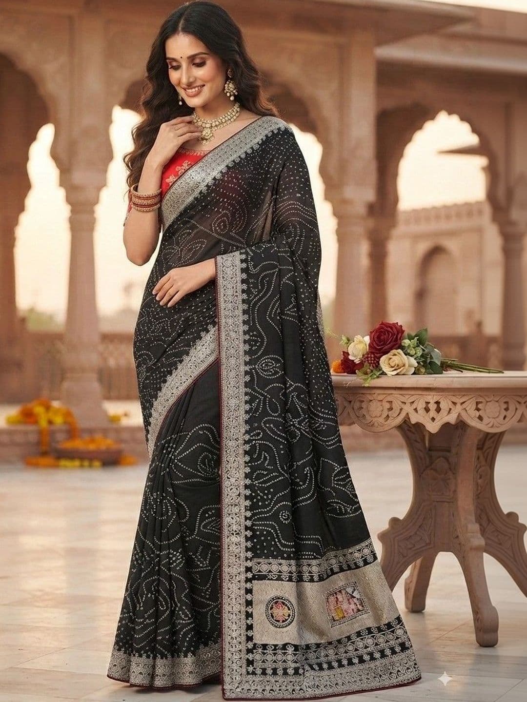SmileyFashion Bandhani Embroidered Art Silk Designer Saree - view 1