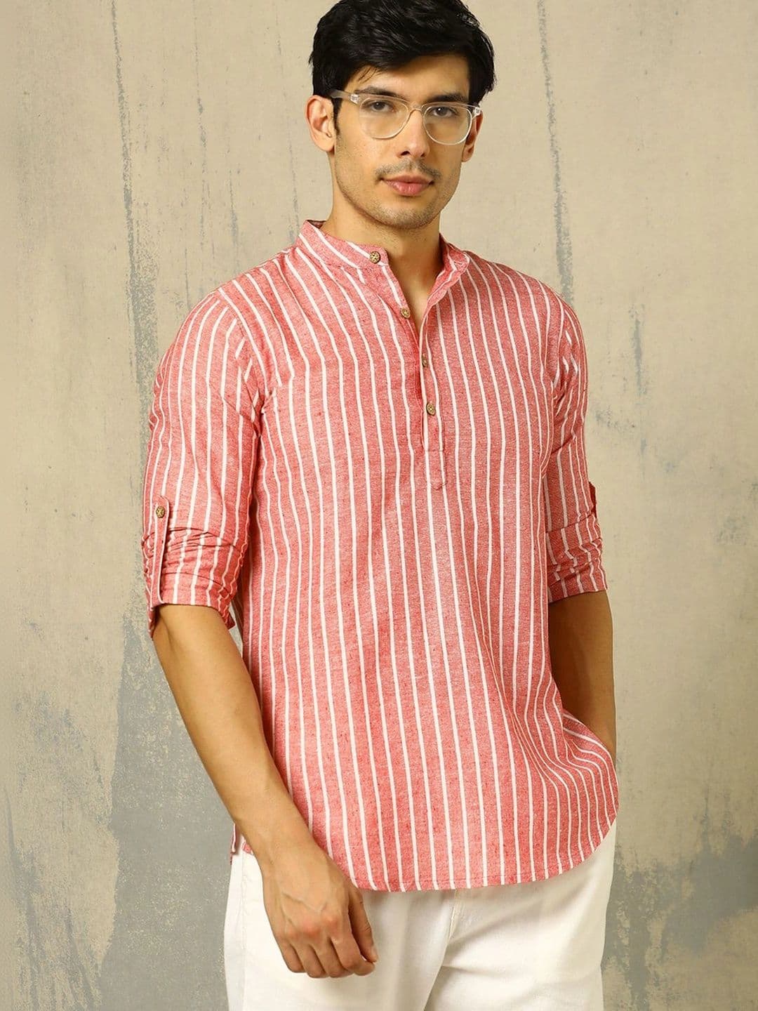 Anouk Woven Design Striped Cotton Handloom Mandarin Collar Short Kurta - view 1