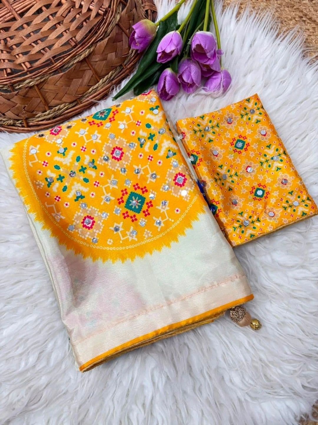 DJV Fashion Woven Design Mirror Work Silk Blend Ikat Saree thumbnail 6