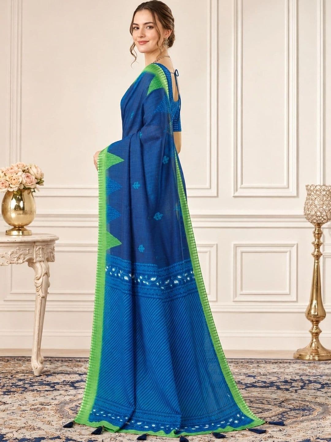 V3 FASHION STUDIO Ethnic Motifs Zari Linen Blend Handloom Block Print Saree thumbnail 6