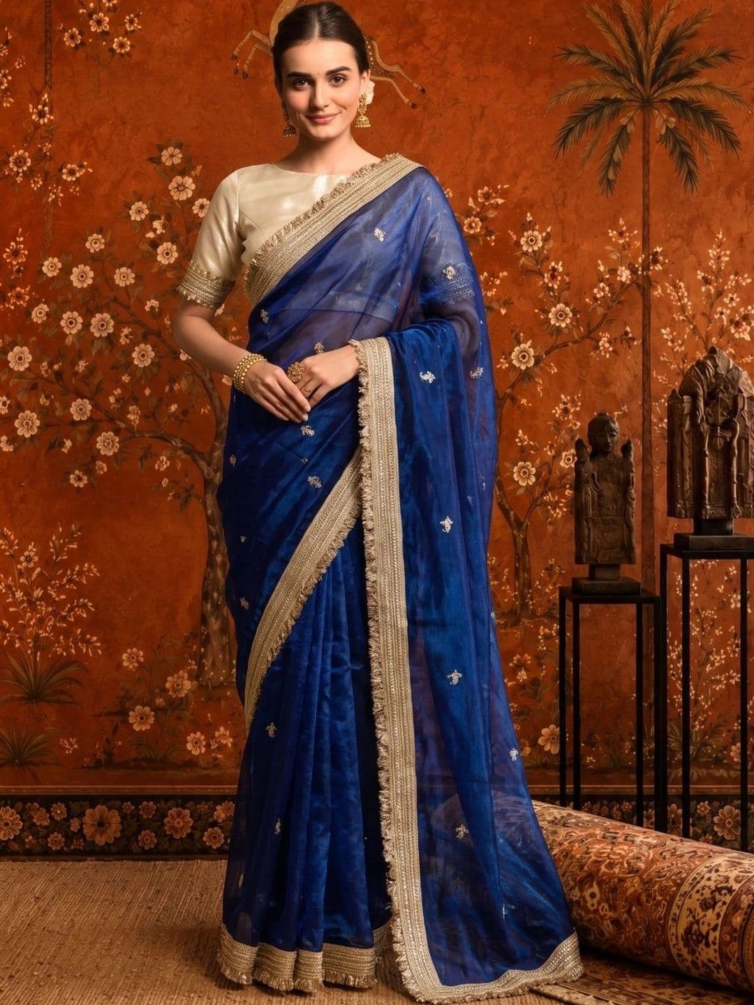 Sangria Embellished Embroidered Satin Saree thumbnail 4