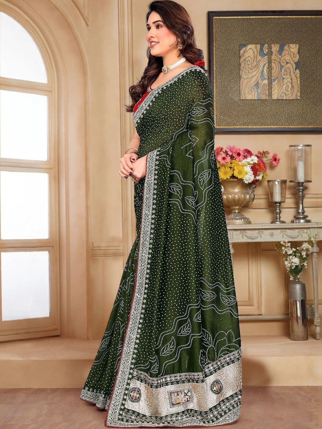 SmileyFashion Bandhani Embroidered Art Silk Designer Saree thumbnail 5