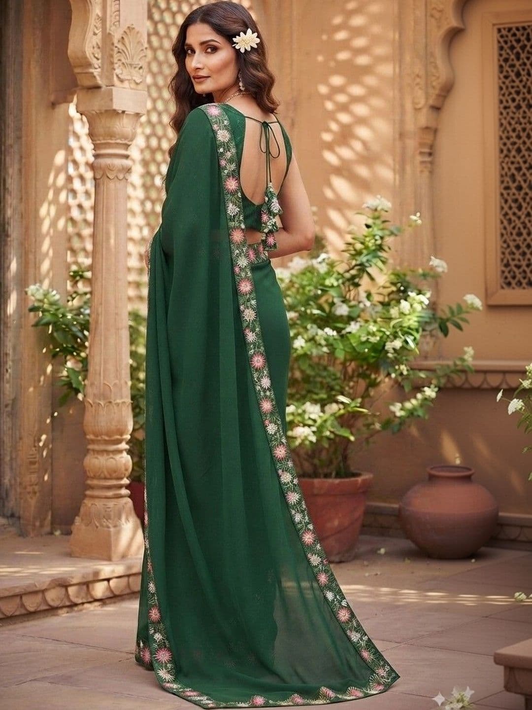 SmileyFashion Floral Embroidered Art Silk Saree thumbnail 5