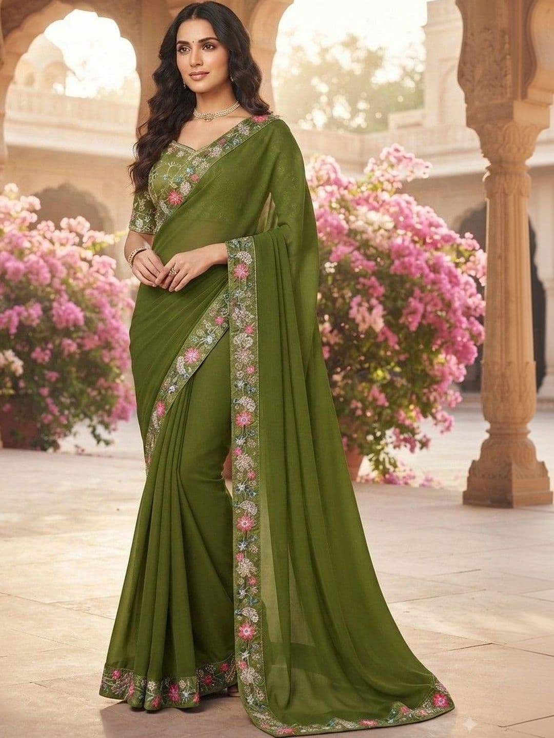 SmileyFashion Floral Embroidered Art Silk Saree - view 1