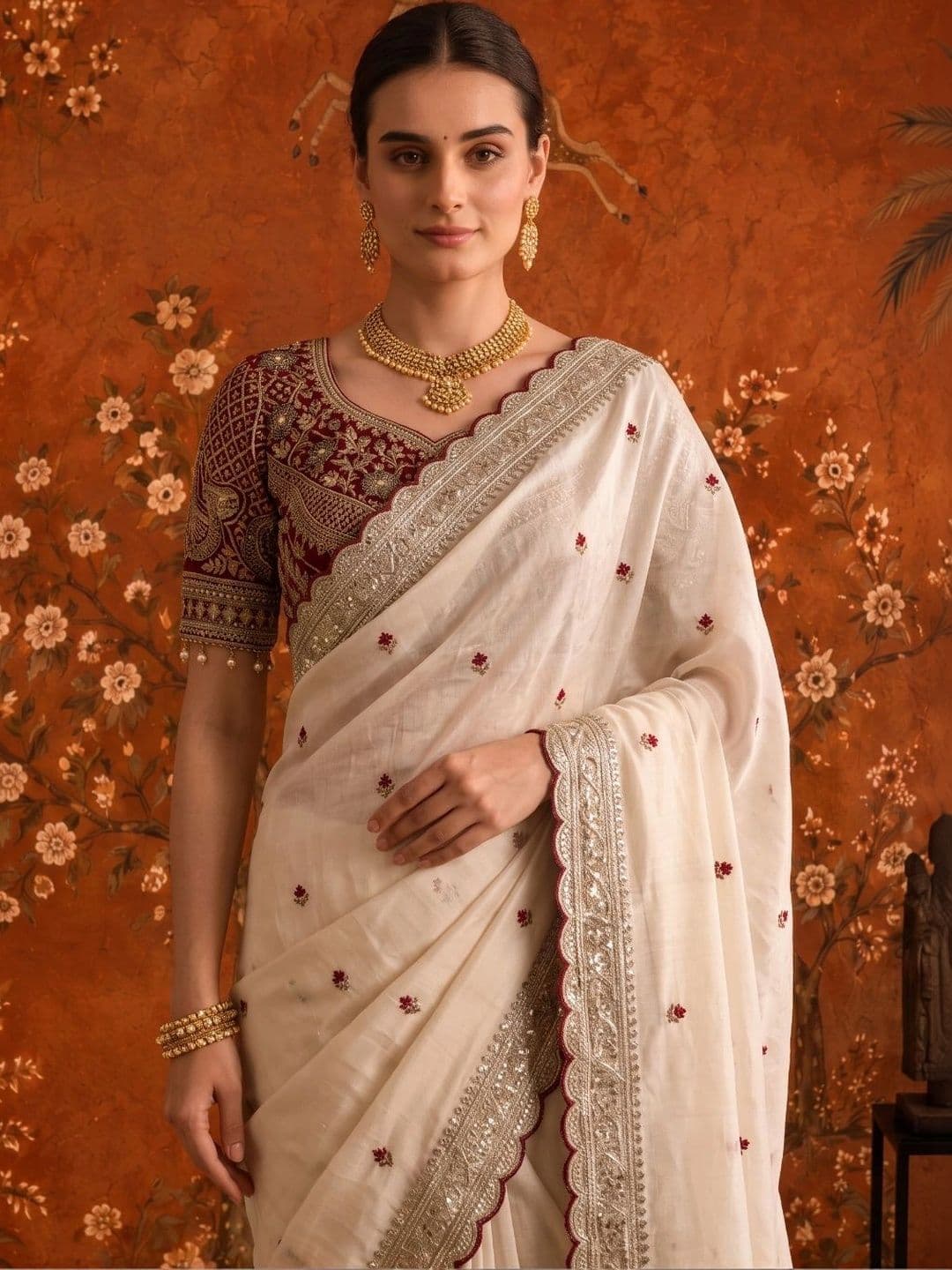 Sangria Embellished Embroidered Satin Saree - view 1