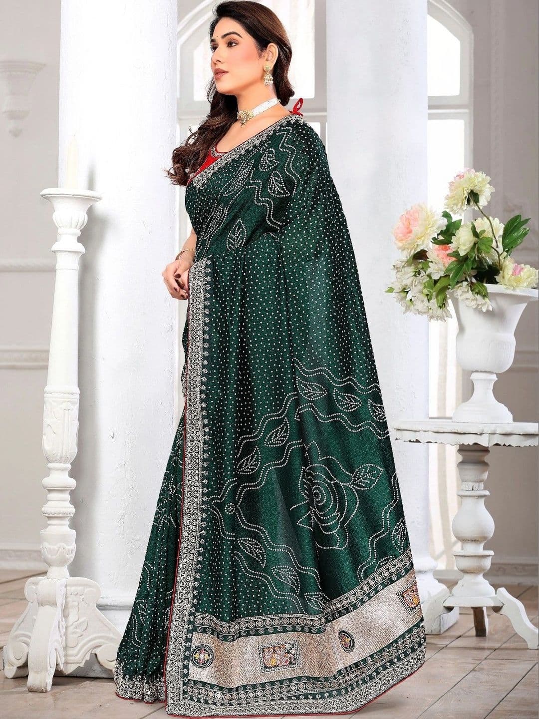 SmileyFashion Bandhani Embroidered Art Silk Designer Saree thumbnail 5