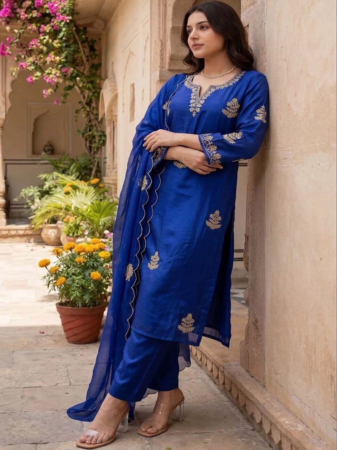 KALINI Women Ethnic Motifs Embroidered Regular Chanderi Silk Kurta with Trousers & Dupatta thumbnail 6