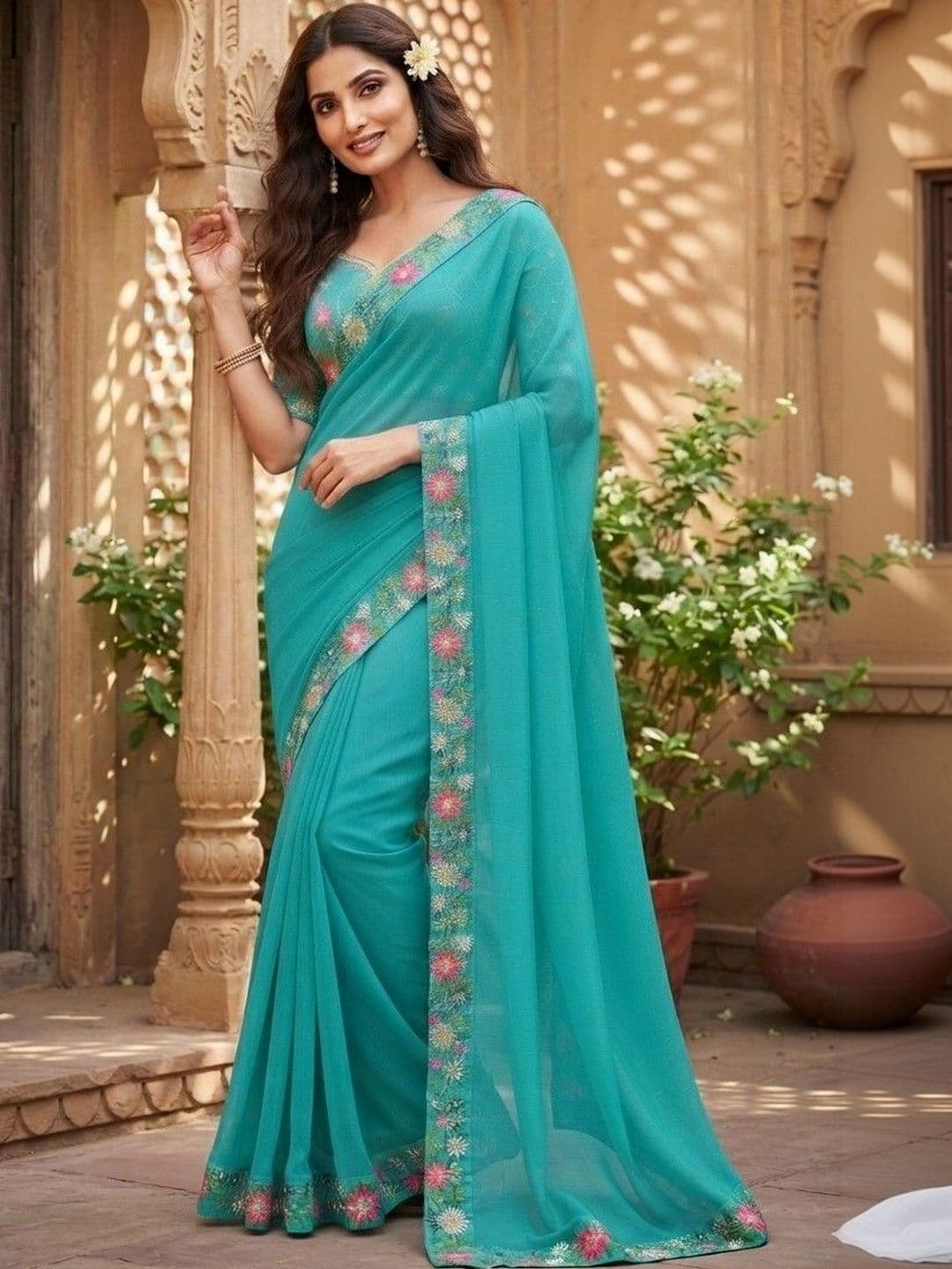 SmileyFashion Floral Embroidered Art Silk Saree thumbnail 2