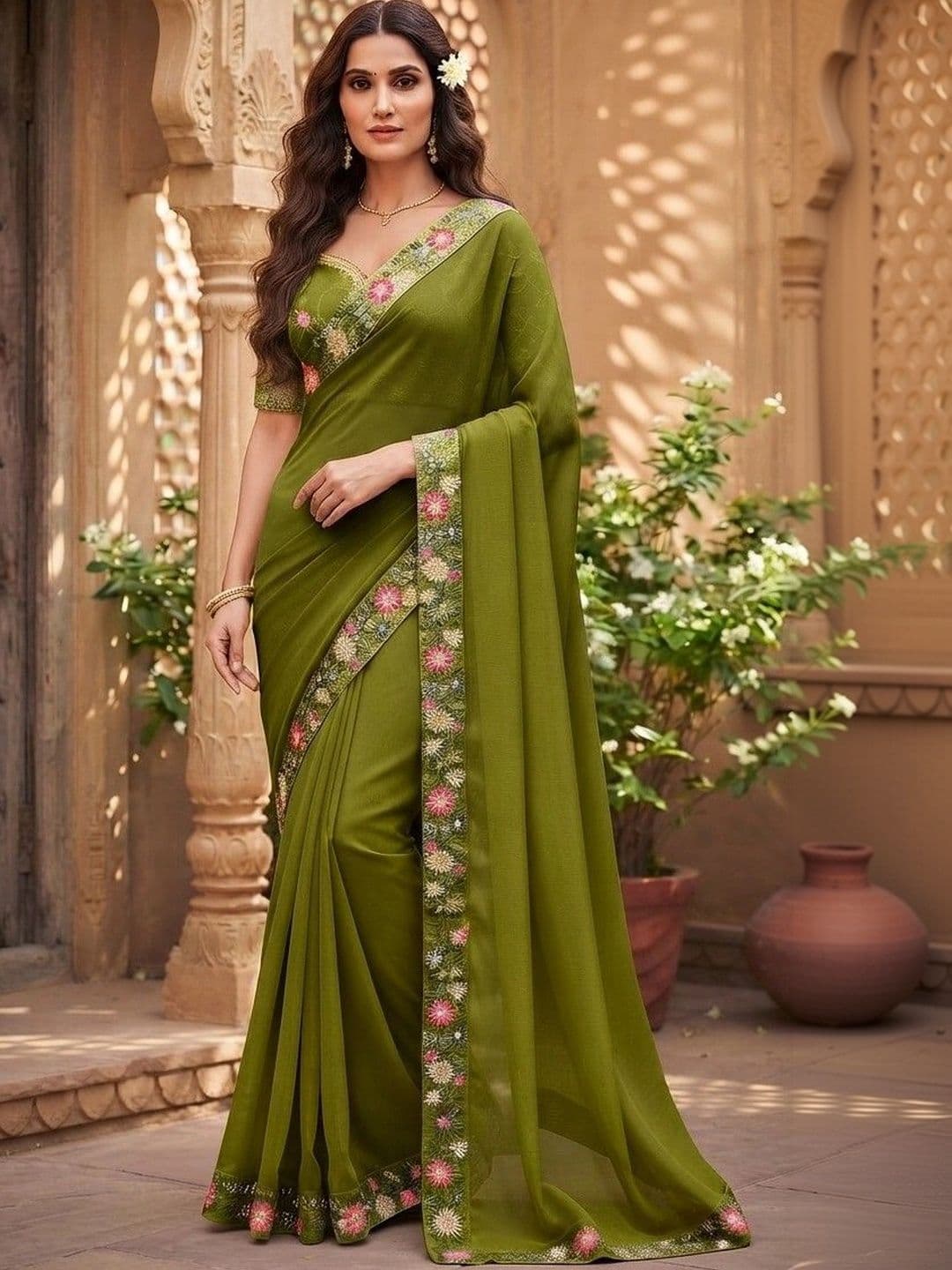 SmileyFashion Floral Embroidered Art Silk Saree - view 1