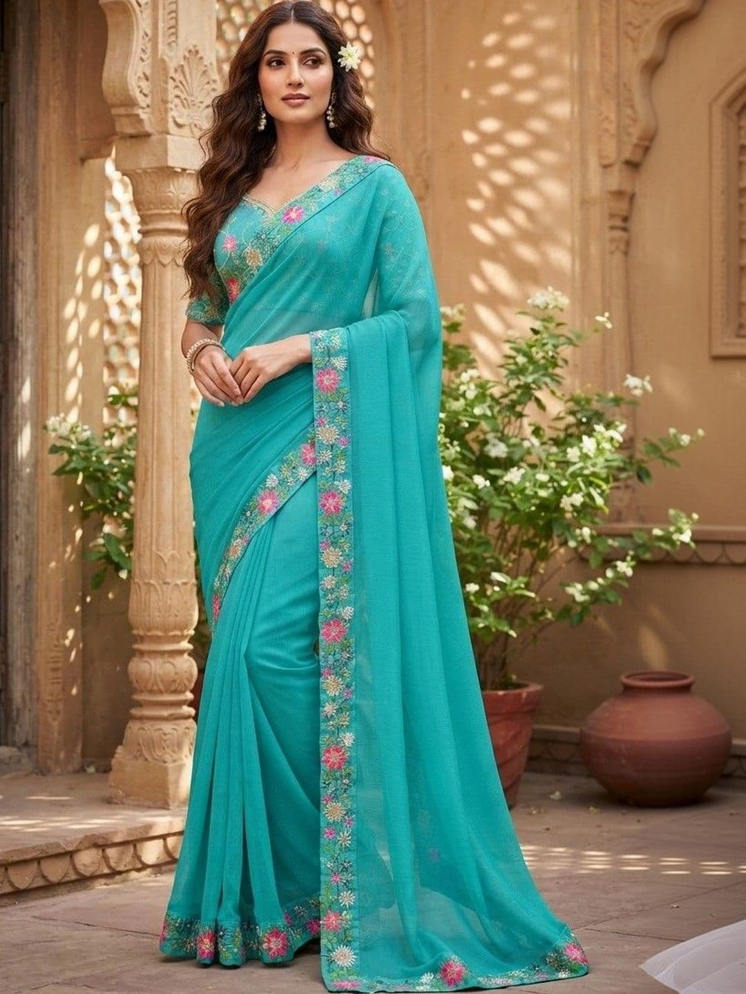 SmileyFashion Floral Embroidered Art Silk Saree thumbnail 3