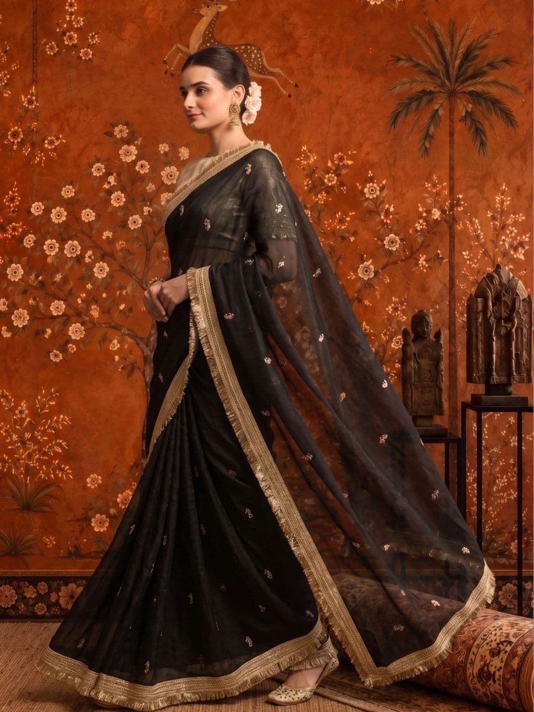 Sangria Embellished Embroidered Satin Saree thumbnail 4