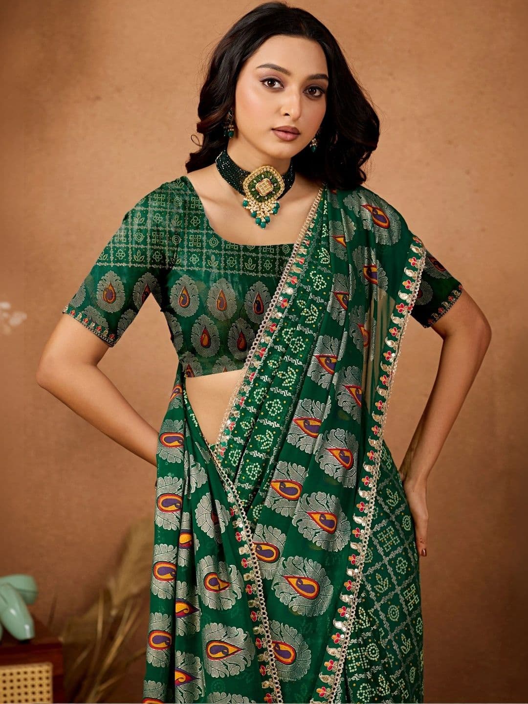 all about you Batik Zari Poly Georgette Designer Bandhani Saree thumbnail 6