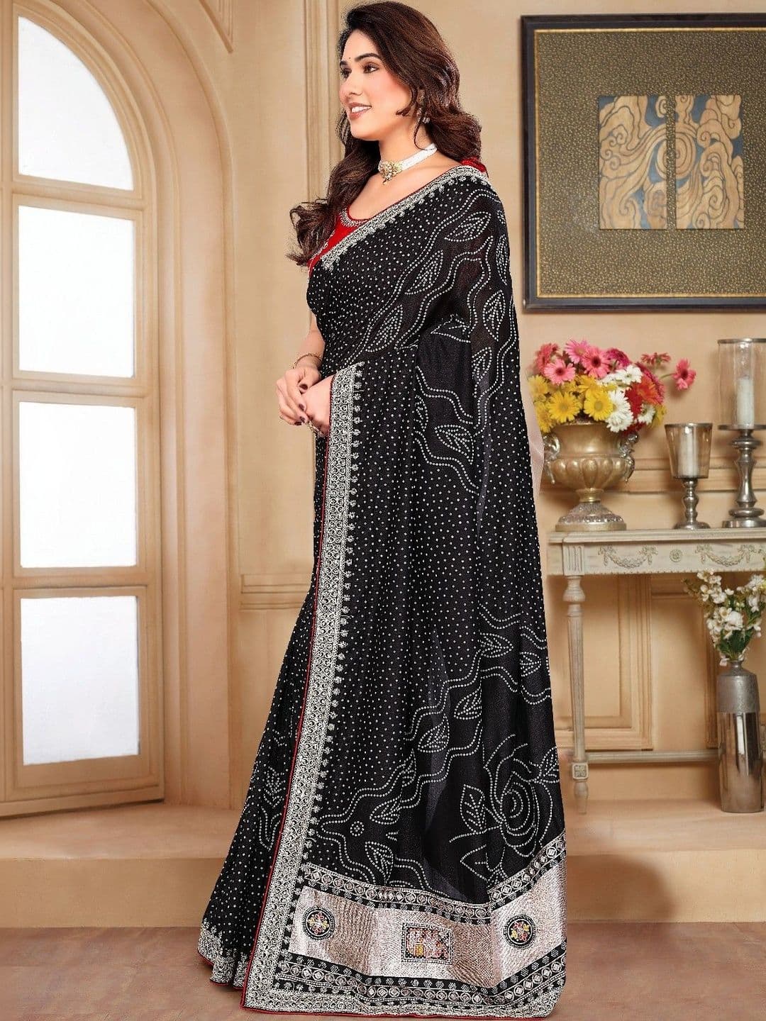 SmileyFashion Bandhani Embroidered Art Silk Designer Saree thumbnail 6