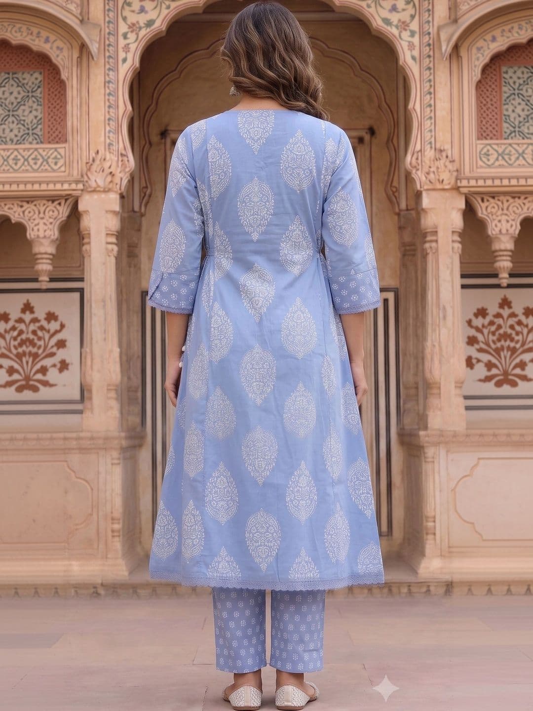 KALINI Women Ethnic Motifs Printed Angrakha Sequinned Pure Cotton Kurta with Trousers & With Dupatta thumbnail 4
