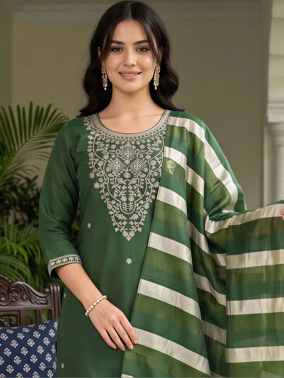 Indo Era Women Ethnic Motifs Embroidered Regular Thread Work Kurta with Trousers & With Dupatta thumbnail 3