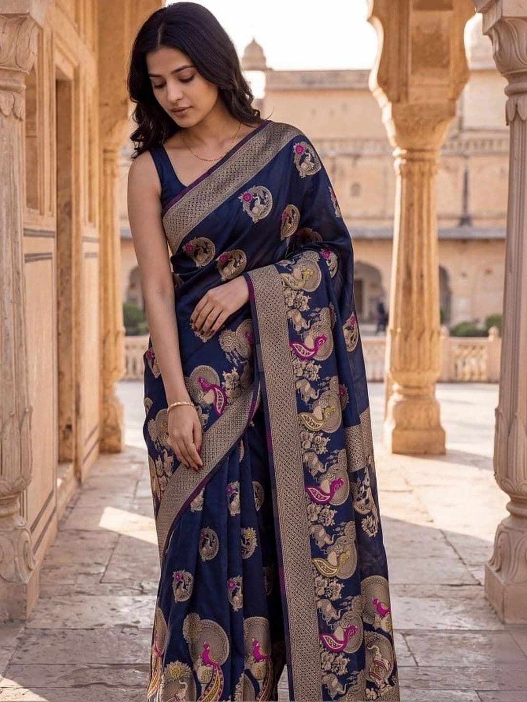 KALINI Woven Design Zari Silk Blend Banarasi Saree thumbnail 4