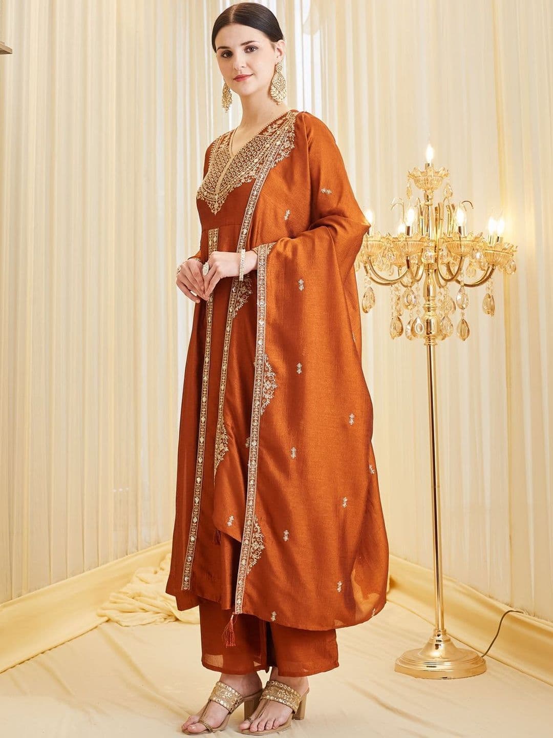Colors  of Earth Colors of Earth Silk Embroidered Anarkali Kurta And Palazzo Set With Dupatta thumbnail 5