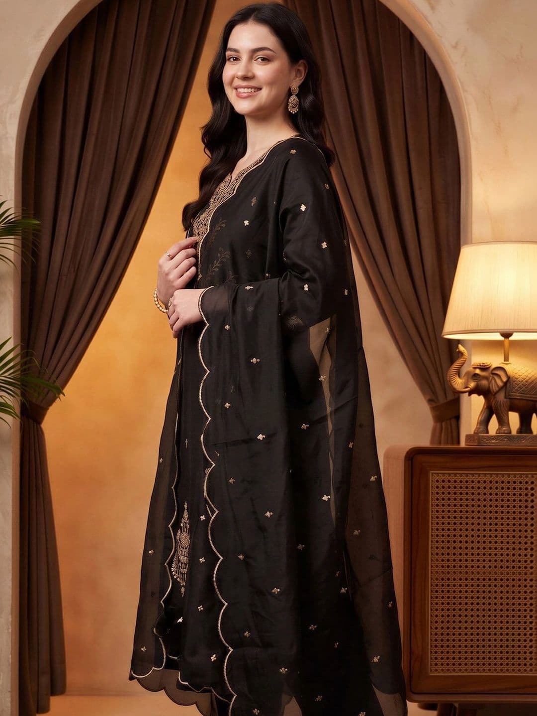Indo Era Women Ethnic Motifs Embroidered Regular Thread Work Kurta with Trousers & With Dupatta thumbnail 2