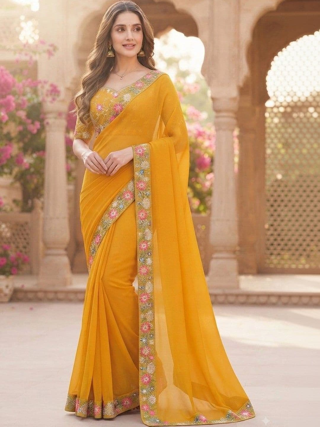 SmileyFashion Floral Art Silk Saree - view 1