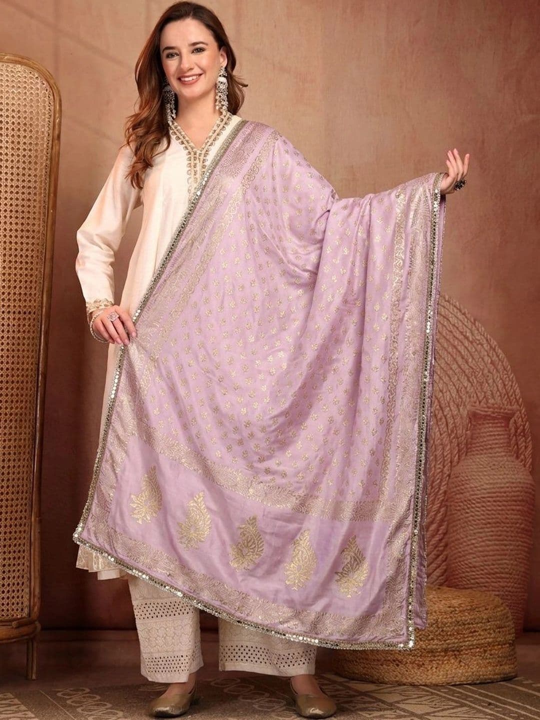 Clora Creation Ethnic Motifs Printed Foil Print Dupatta with Mirror Work - view 1