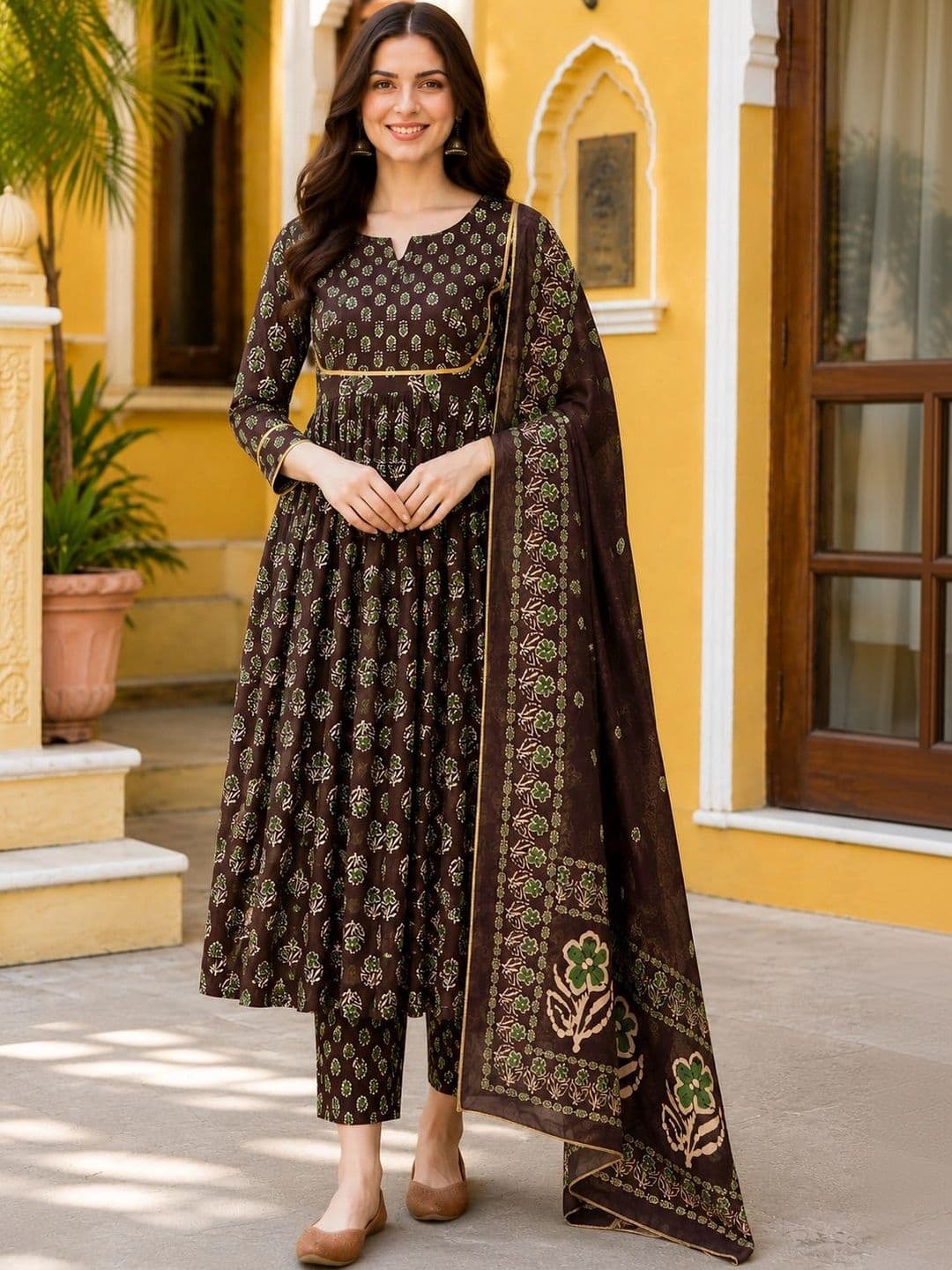 HIVA TRENDZ Women Ethnic Motifs Empire Pure Cotton Kurta with Trousers & With Dupatta thumbnail 5