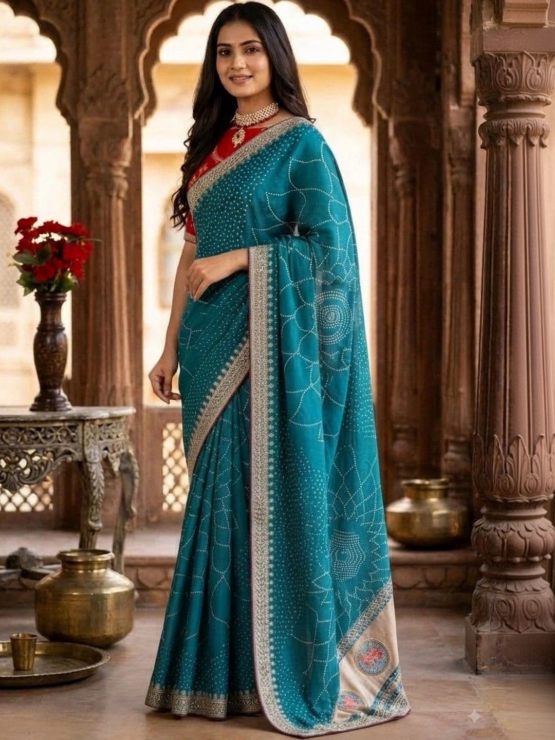 SmileyFashion Bandhani Embroidered Art Silk Designer Saree thumbnail 5