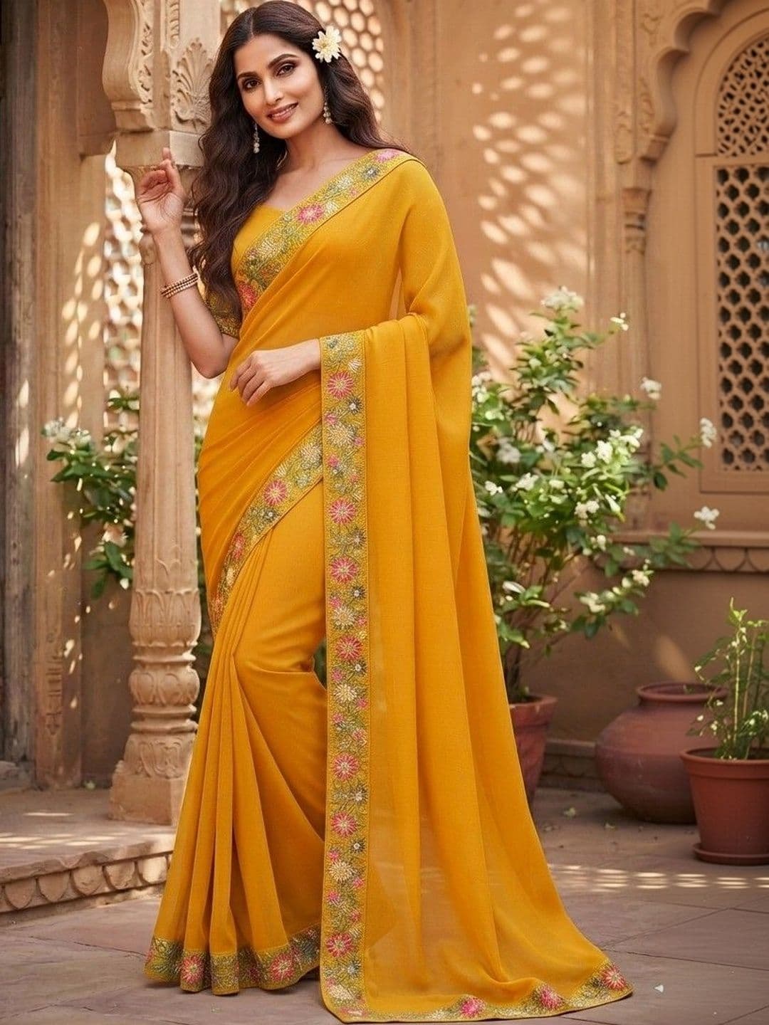 SmileyFashion Floral Embroidered Art Silk Saree - view 1