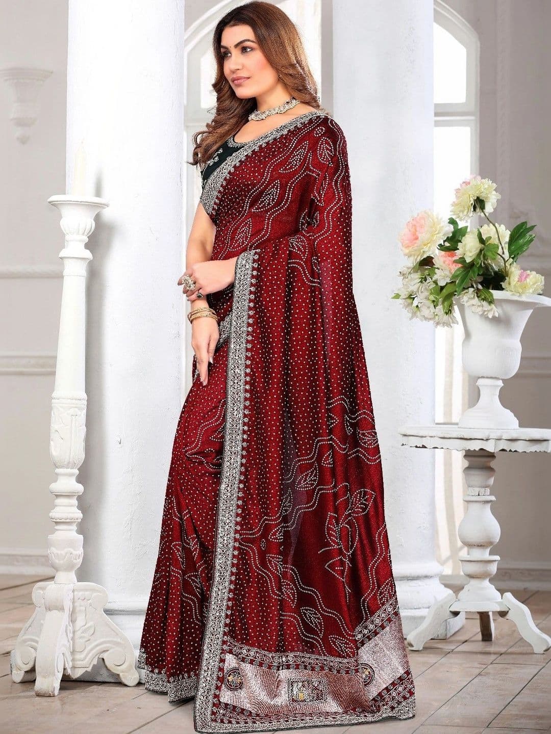 SmileyFashion Bandhani Embroidered Art Silk Designer Saree thumbnail 5