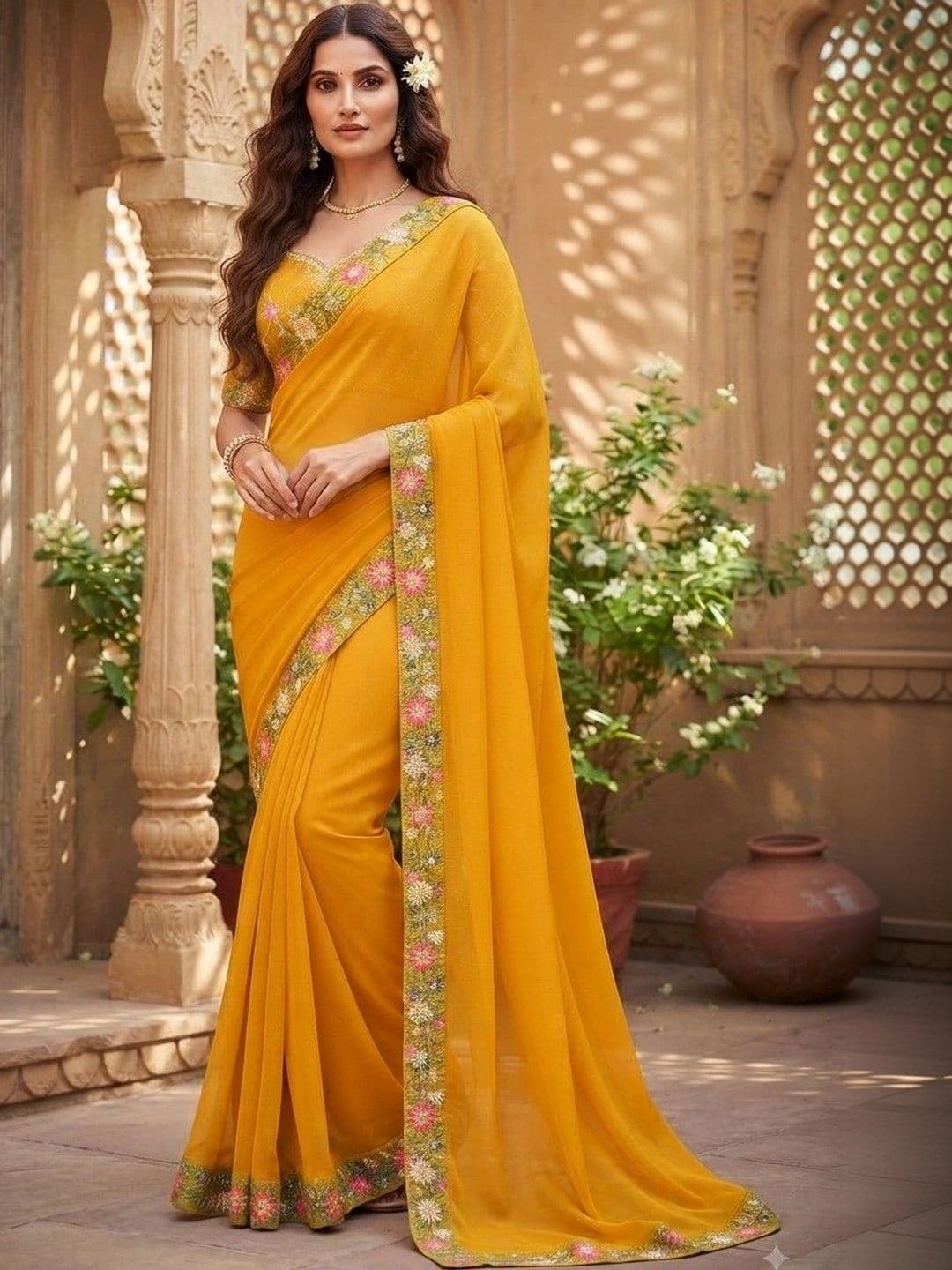 SmileyFashion Floral Embroidered Art Silk Saree - view 1